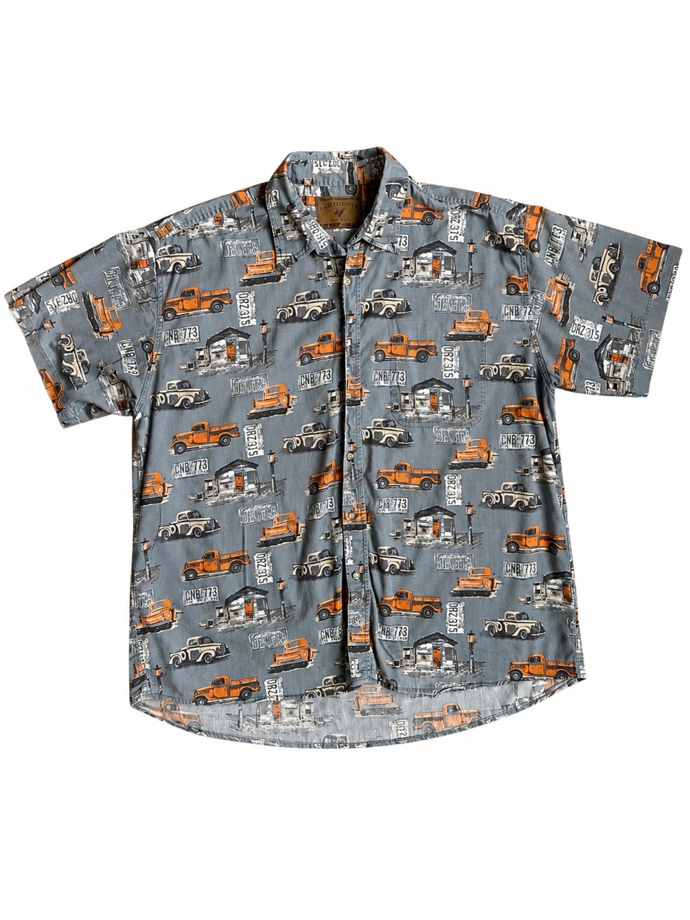 North River Men’s 2X Button Front Vintage Truck Print Short Sleeve Gray Orange